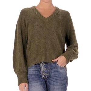 Elan Sweater Olive Green Wool Fox Fur Blend Soft V Neck Pullover Size Medium